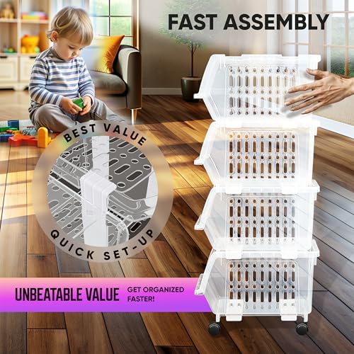 Small Stackable Storage Bins Open Front with Wheels, 4 Pack - Clear - Image 4
