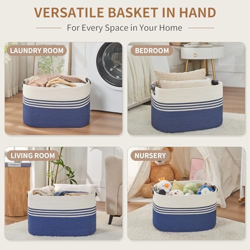 Laundry Hamper with Handles, 72L Rope Laundry Basket, Dark Blue & White - Image 4