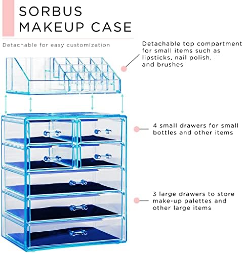 Sorbus Makeup Organizer, 7-Drawer Acrylic 2-Piece Set (Blue Brilliance) - Image 4
