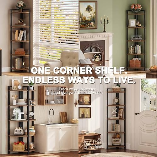 FATORRI Tall Corner Shelf, Industrial Corner Bookshelf, Wood and Metal Corner Shelf Stand for Living Room, Rustic Display Plant Stand for Home Office (Medium Walnut) - Image 4