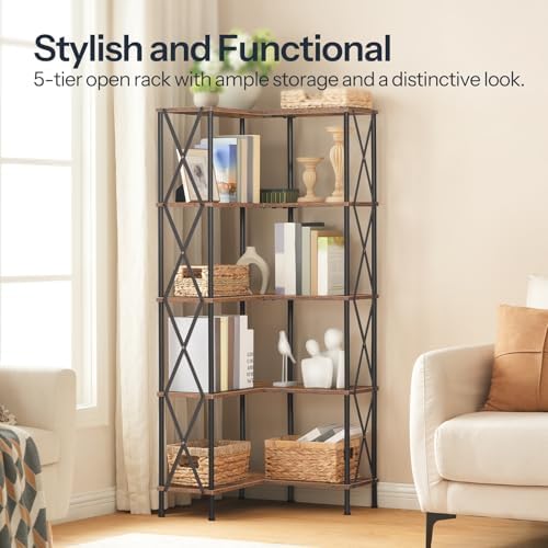 HOOBRO Corner Bookshelf, 5-Tier L-Shaped Bookcase, Industrial Open Display Shelf Tall Storage Organizer, Vertical Storage Rack, for Living Room, Home Office, Rustic Brown and Black BF60SJ01 - Image 6