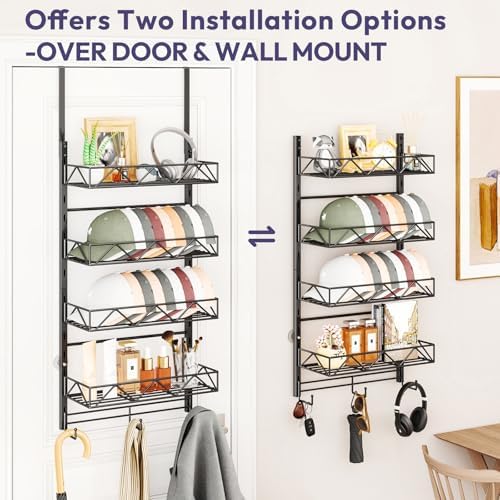 SWTYMIKI Over Door Hat Organizer - 5 Tier Wall Mounted Hat Rack with 4 Adjustable Metal Basket and 3 Hooks, Hanging Baseball Cap Organizer Storage Holds up to 49 Caps for Door, Bedroom, Closet - Image 5