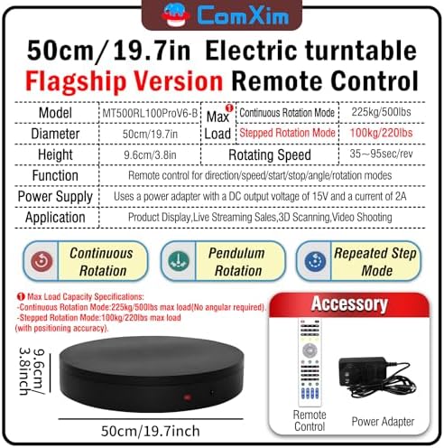 19.7In Remote Large Motorized electric turntable Rotating platform Photography Turntable Motorized lazy susan Base giratoria para for Photography,3D Scanner,Heavy duty display(Load Range:220~500lbs) - Image 2