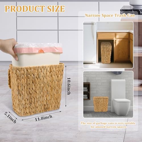Wicker Trash Can with Lid and Liner, Handwoven Wicker Waste Basket, Water Hyacinth Bathroom Trash Can, Boho Rattan Garbage Wastebasket for Bedroom Home Living Room Office Kitchen, 2.5 Gallon - Image 2