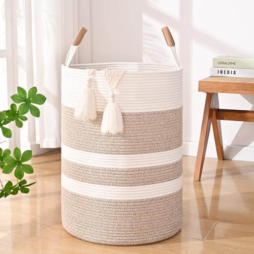 Large Laundry Basket, Laundry Hamper with Leather Handles, 75L Woven Dirty Clothes Hamper, Rope Hampers for Bedroom, Barthroom, Brown by Degeyoyo