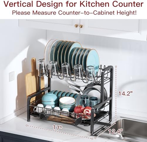 BOOSINY 2 Tier Black Stainless Steel Dish Drying Rack for Kitchen Counter - Image 6