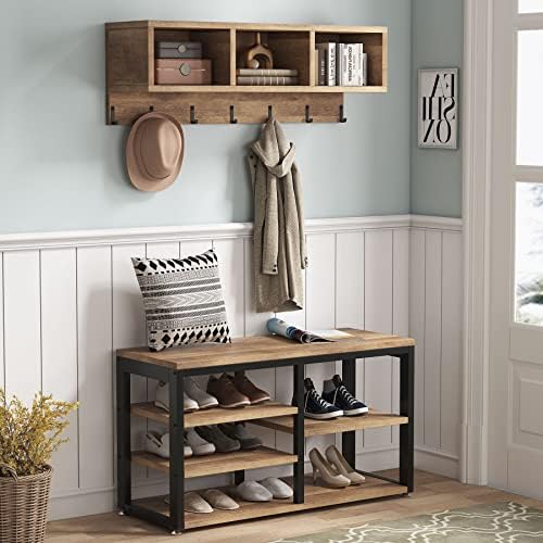Tribesigns Coat Rack Set, Hall Tree, Industrial Shoe Bench, 3 Storage Cubbies, 7 Hooks for Entryway, Hallway, 5-in-1Design, Vintage Oak - Image 2