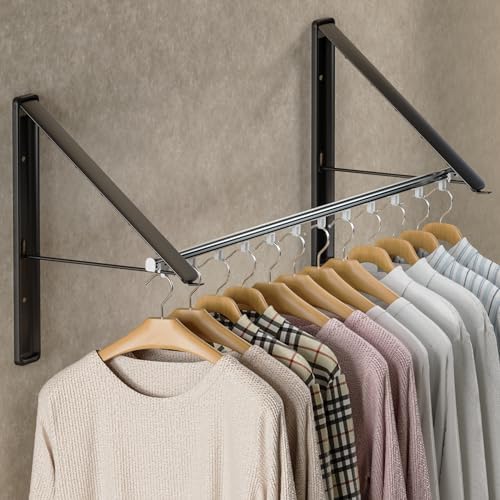 Dr.DJ Clothes Drying Rack with Rod, Wall-Mounted Retractable & Foldable Clothes Hanger for Laundry Room Organization and Storage, Metal Clothes Hanger Rack for Dorm, Closet, Balcony 2Rack, 1Rod Black by DrDJ