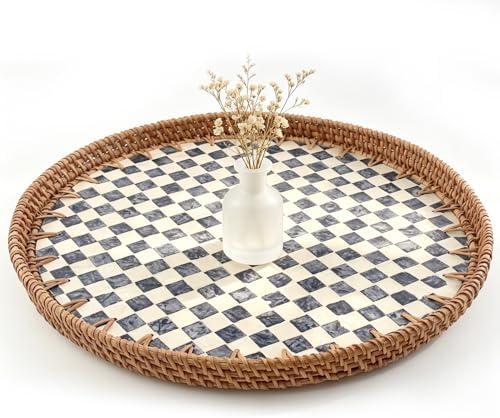 Mother of Pearl Lazy Susan, 13.8" Table Centerpiece Round Shell Decorative Lazy Susan Turntable Rotating Tray Organizer for Cabinet Counter Gift Kitchen Office Cafe Home Decor (Checkerboard) by Abyjifar