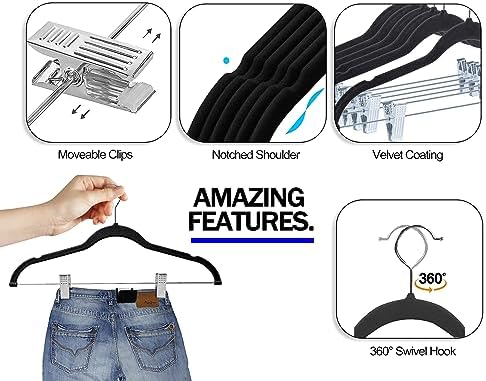 GVTECH Velvet Hangers with Clips, [24 Pack] Metal Clip Hangers for Pants - Notched Velvet Skirt Hangers for Pants, Skirts, Suit, Dresses & Shirts 360° Swivel Hook - Non Slip Felt Hangers (Black) - Image 3