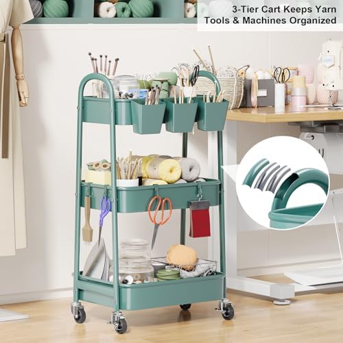 3 Tier Green Metal Rolling Cart with Lockable Wheels, 3 Tiered Roller Shelf - Image 2