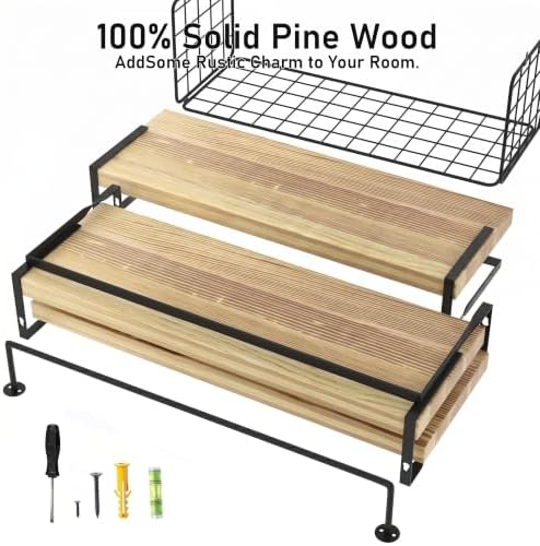 Wood Floating Shelves Wall Mounted - 3+1 Tier Rustic Bathroom Wall Shelves Over Toilet with Wire Storage Basket and Towel Bar, Set of 4 Farmhouse Floating Shelf for Bathroom, Kitchen, Bedroom. - Image 5