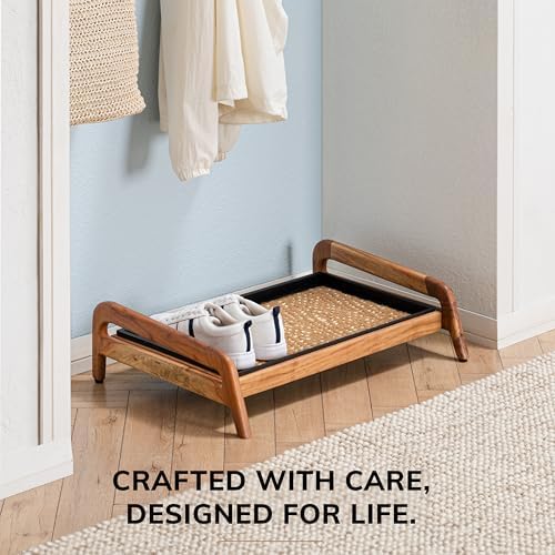 Anji Mountain Heavy Duty Waterproof Wooden Shoe Storage Mat Organizer/Boot Storage Tray Multi Use for Entryway with Coir, Tan and Khaki Insert, 1 Tier, Fits 2 Pair (26.5" Wide) - Image 6