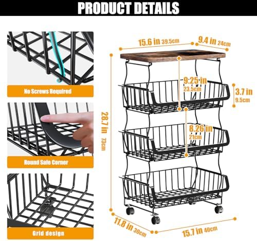 Gsiekare 4 Tier Fruit and Vegetable Basket for Kitchen with Wheels - Image 4