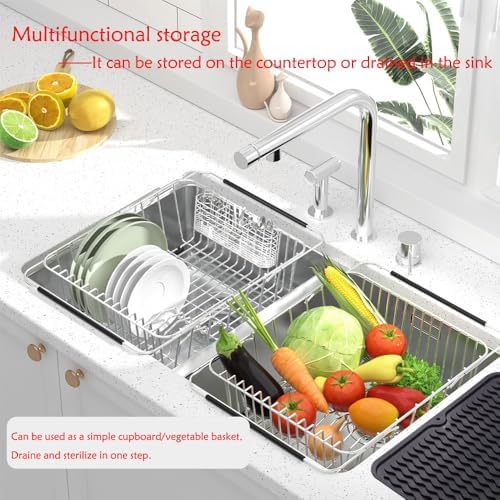 NiuYichee Stainless Steel Dish Drying Rack (15" L X 11" W X 4.1" H), Expandable Fruit & Vegetable Drain Rack Over Sink, Dish Drainer Rack in Sink, with Utensil Holder & Silicone Mat (16") - Image 4