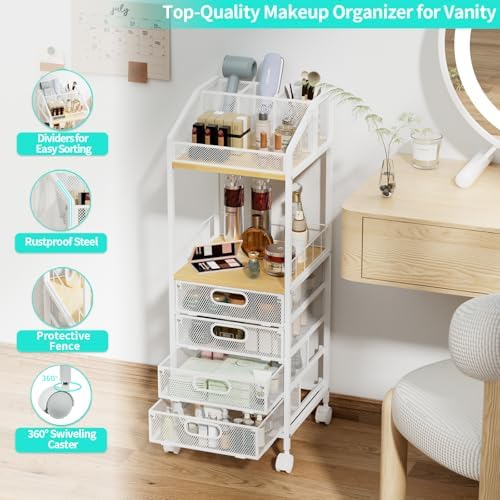 HapiRm Rolling Cart Makeup Organizer - Metal Makeup Cart with Wheels and Drawers for Small Spaces & Messy Vanities, Space-Saving Beauty Cosmetics Cart Storage Cabinet Stand for Perfume Hair Tools - Image 5