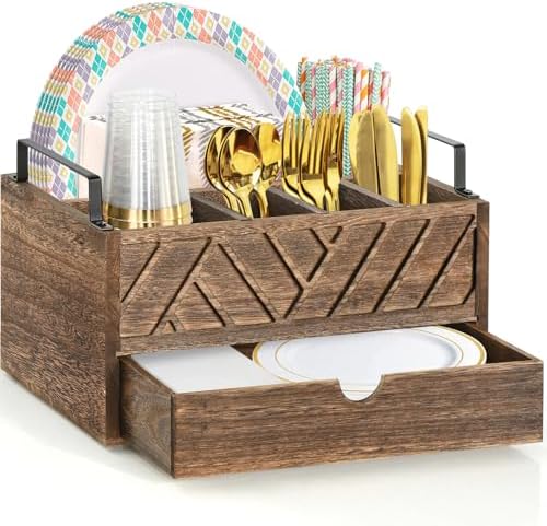 Paper Plate Dispenser with Drawer, Paper Plate Holder for Kitchen Counter, Wood Rustic Silverware Utensil Caddy, Cutlery Flatware Organizer for Cup Spoon Fork Plates Napkins, Brown Kitchen Accessories by Zecela