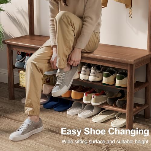 AQIMUELE Coat Rack with Shoe Storage, Wooden Hall Tree with Bench, 11 Hooks and 2-Tier Storage Shelves, 3-in-1, Entryway Bench with Coat Rack (39.3"-Walnut) - Image 6