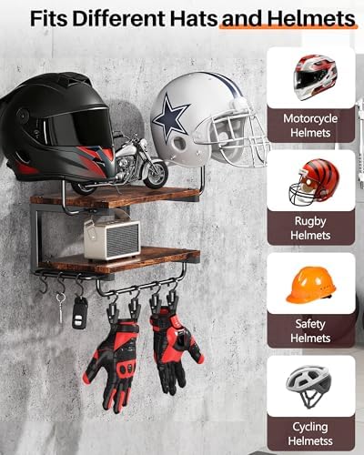 Motorcycle Helmet Holder Wall Mount, 2 Tier Helmet Rack with 2 Hat Stands - Image 2