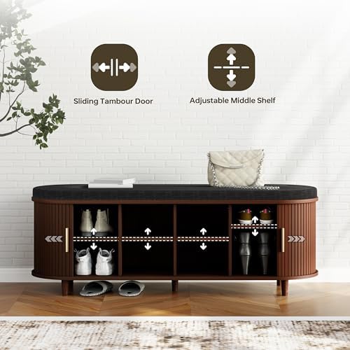 DHH 2-Tier Storage Bench,Wide Shoe Bench with Thickened Padded Seat Cushion, Mid Century Modern Fluted Sliding Door and Adjustable Shelf, for Entryway, Living Room, Bedroom (Walnut, 51.2”) - Image 3