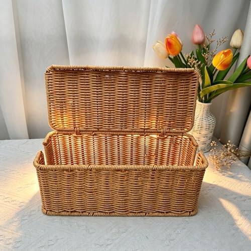 Wicker Rattan Storage Basket with Lid, Rectangular Cable Management Box, Natural Woven Organizer - Image 2