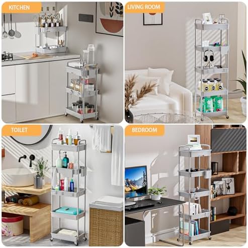 5 Tier Rolling Utility Cart with Drawer,REBECAT Utility Cart Made of Multifunctional Storage Organizer Tool for Kitchen,Bathroom,Living Room,Office(Gray) - Image 6
