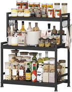 23.6"W Large Kitchen Countertop Organizer, 3 Tier Spice Rack Organizer with Adjustable Shelf and 10 Hooks, Wooden Counter Organizer, Countertop Shelf Microwave Stand for Kitchen, Coffee Bar, Black by Homeiju
