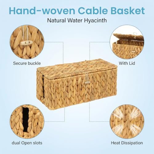 efluky 2 Pack Water Hyacinth Floor Cord Covers with Lid, Hand-woven Cable Management Box, 2 Open Slots Cord Box to to Hide USB Wire, Power Strip & Charger for Home & Office and Dorm, Natural - Image 3