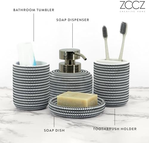 ZCCZ Black and White Bathroom Accessories Set, 4 Pieces - Toothbrush Holder, Soap Dispenser, Vanity Tray, Tumbler - Countertop Organizer for Bathroom Decor - Modern Accessory Set for Home and Office - Image 3