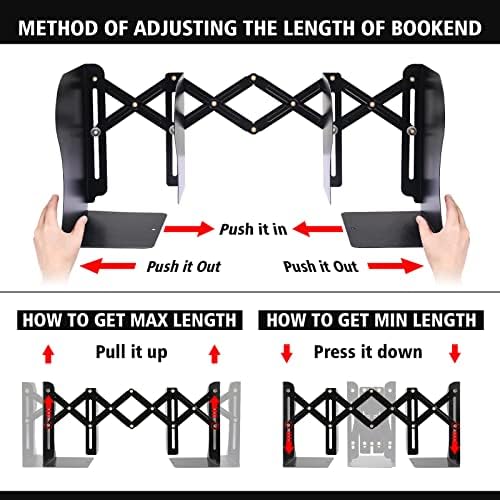2 Pack Adjustable Metal Book Ends for Heavy Books, Extends Up to 19", Black - Image 3