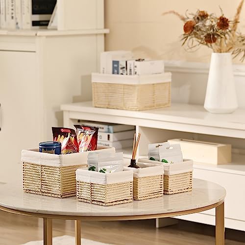 Vagusicc Wicker Storage Basket, Hand-Woven Paper Rope Basket, Rectangular Small Basket for Organizing, Cube Storage Bin for Closet/Clothes/Dresser, Beige, 5-Pack - Image 4