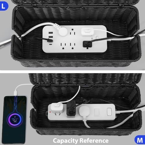 ZhiYo Rattan Cable Management Box, Black Desk Cord Organizer, 2 Pack (M&L) - Image 4