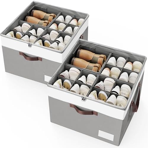 Criusia Shoe Organizer for Closet, 2 Pack Foldable Shoe Storage Organizer Box Bin with Adjustable Dividers and Clear Cover, Closet Shoe Storage for Sneakers Sandals Boots, Fit 16-32 Pairs, Gray by Criusia