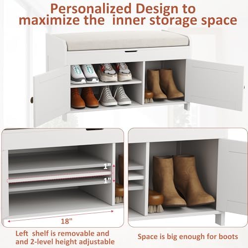 HOMEFORT 30" Shoe Bench with Lift Top Storage, Entryway Bench with Cushioned Seat, Wooden End of Bed Bench, Shoe Cabinet Bench with Hidden Storage Space, for Bedroom, Hallway,White - Image 6