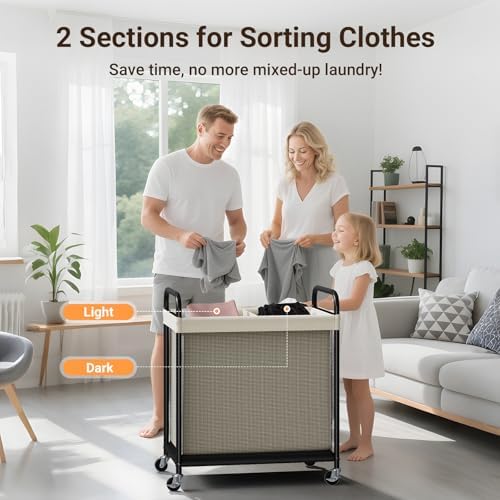 ELYKEN Laundry Hamper 2 Section, 100L Rolling Laundry Sorter with Wheels - Image 6