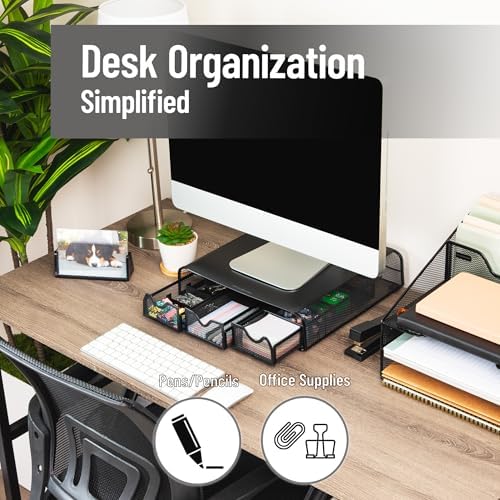 Mind Reader Monitor Stand, Ventilated Laptop Riser, Desktop Organizer, Storage, Metal Mesh, 13.25"L x 12.5"W x 3"H, Black - Image 2