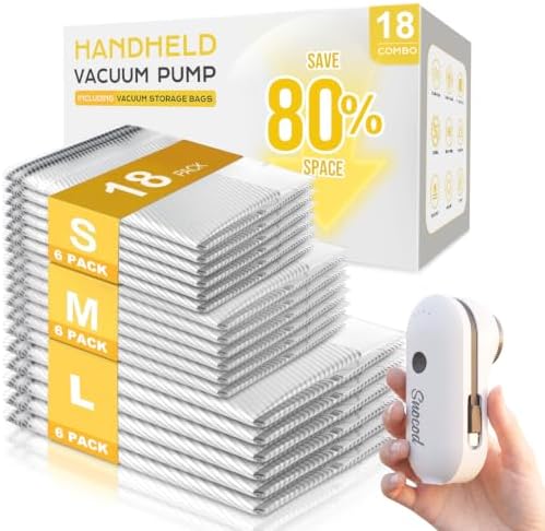 18 Pack Vacuum Storage Bags with Electric Pump, Type-C Rechargeable Portable Vacuum Seal Bags for Clothes, Travel Space Saver Bags for Luggage, Closet, Bedding & Home Storage, White by SNOCOD