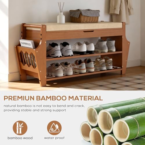 Shoe Bench 34.3in, Bamboo 3-Tier Entryway Bench with Storage, Shoe Rack - Image 3