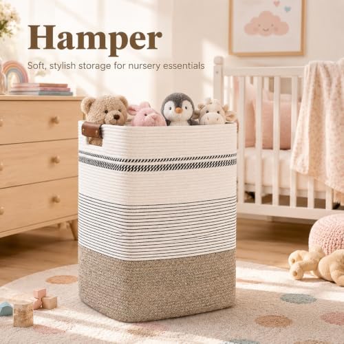Laundry Hamper, Cotton Rope Laundry Basket with Leather Handles, 22.5-Gallon/85 L Large Clothes Hampers for Laundry, Woven Laundry Baskets for Blankets, Clothing, Bedroom, Living Room, Nursery - Image 2
