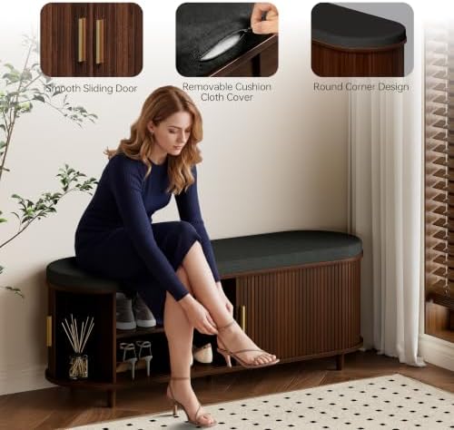 DHH 2-Tier Storage Bench,Wide Shoe Bench with Thickened Padded Seat Cushion, Mid Century Modern Fluted Sliding Door and Adjustable Shelf, for Entryway, Living Room, Bedroom (Walnut, 51.2”) - Image 5