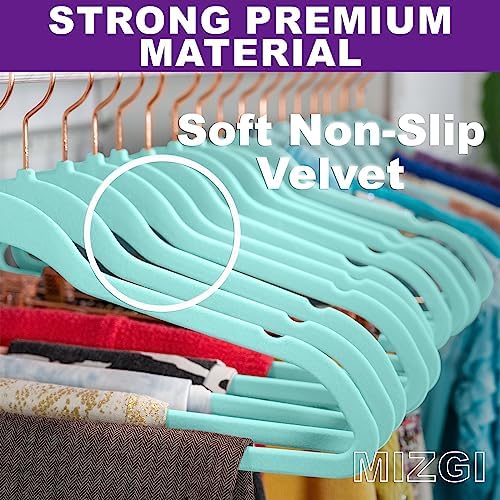 MIZGI Velvet Hangers 50 Pack Non Slip Heavy Duty Aqua Blue Rose Gold Hooks - Image 2