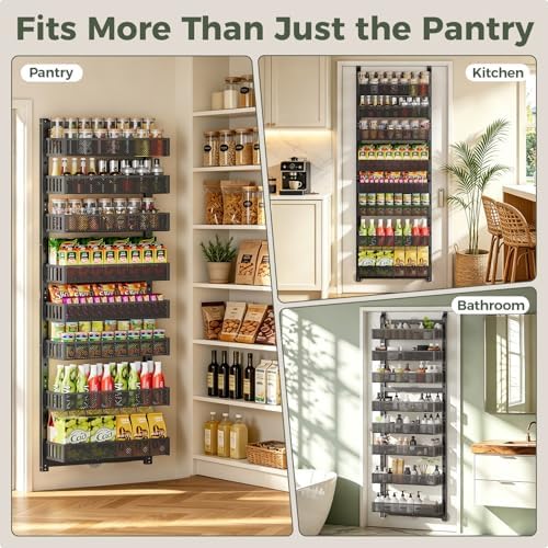 POKIPO 8-Tier Over the Door Pantry Organizer, 2 IN 1 Wall Mount or Hanging Spice Rack with Adjustable Raised Basket, Heavy Duty Back of Door Storage for Kitchen Bathroom Laundry Room - Image 7