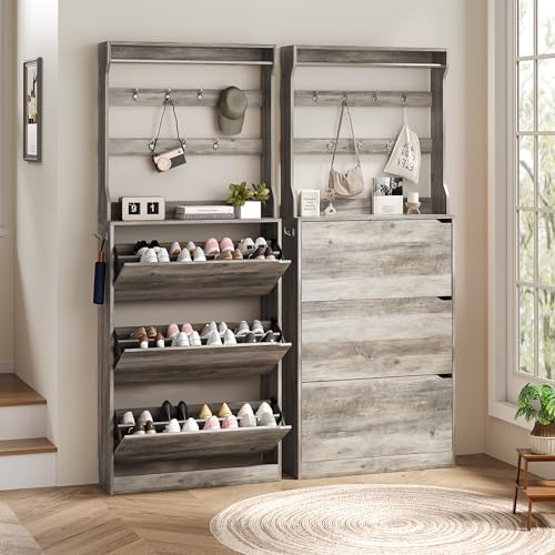 Wodeer Tall Shoe Cabinet with Coat Rack, Hidden Shoe Storage Cabinet with Doors & Drawer, Hanging Bar & Hooks, Slim Narrow Freestanding Shoe Rack Organizer for Entryway, Hallway & Living Room, Grey - Image 3