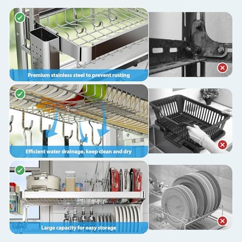 Over The Sink Dish Drainer Drying Rack 3 Tier Adjustable Width - Image 4