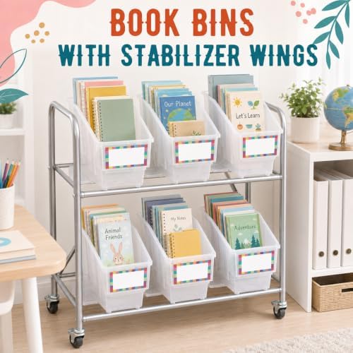 gisgfim 6 Pcs Non-Tip Book Bins with Stabilizer Wings (Clear) - Image 4