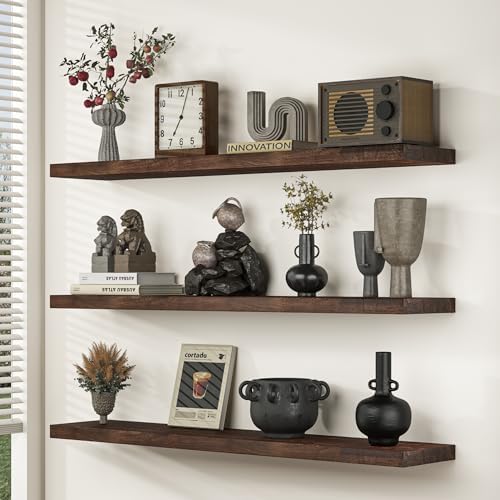 Fun Memories Floating Shelves for Wall, 48"x9.3" Rustic Solid Elm Wood Wall Shelves, Heavy-Duty Mounted Shelves with Invisible Brackets for Living Room, Bedroom, Kitchen, Walnut Finish - Image 2
