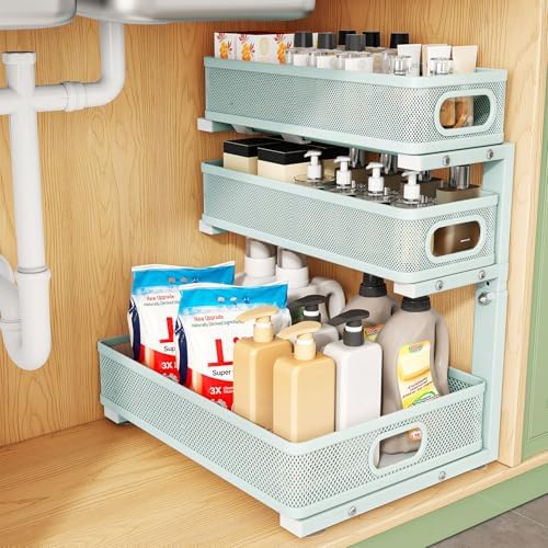 Under Sink Organizer, 1-Pack 3-Tier Height Adjustable Thickened Metal Pull out Cabinet Organizer Shelf, Slide out Storage Drawer Rack for Bathroom Kitchen Pantry Home Organization, LightBlue by Kitstorack