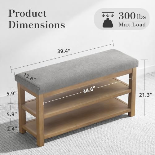 Zihanhome 2 Tier Shoe Rack Bench with Cushion, Solid Wood Shoe Benches, Mid-Century Modern Shoe Storage Bench for Entryway, Hallway, Living Room, Closet, Front Door Entrance, (Grey, 39.4") - Image 2