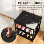 Small Shoe Storage Bench with PU Leather Seat Cushion, 3-Tier Freestanding Shoe Rack Organizer for Entryway, Heavy-Duty Metal Mesh Shelves, Supports Up to 300 lbs, Black (15.7"x11.4"x17.5") - Image 5
