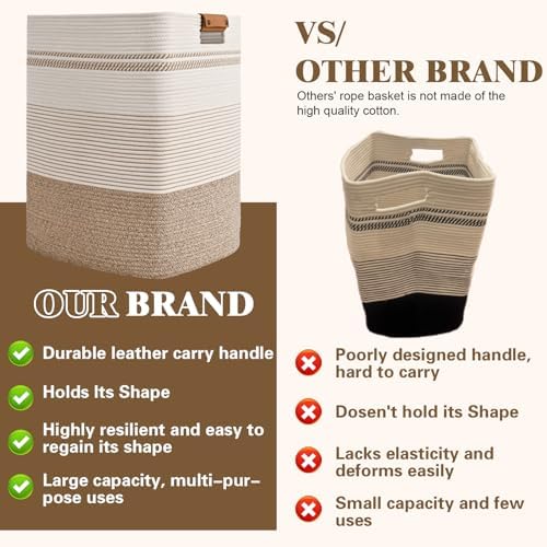 Laundry Hamper, 95L Tall Laundry Basket with Leather Handles, Rectangle Large Clothes Hamper for Organizing, Cotton Woven Laundry Baskets Storage Hampers for Bedroom, Nursery, Living Room - Image 5